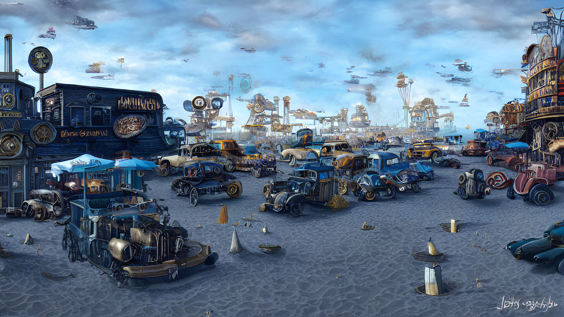 Steampunk-inspired beach scene with vintage vehicles, stalls, and airships