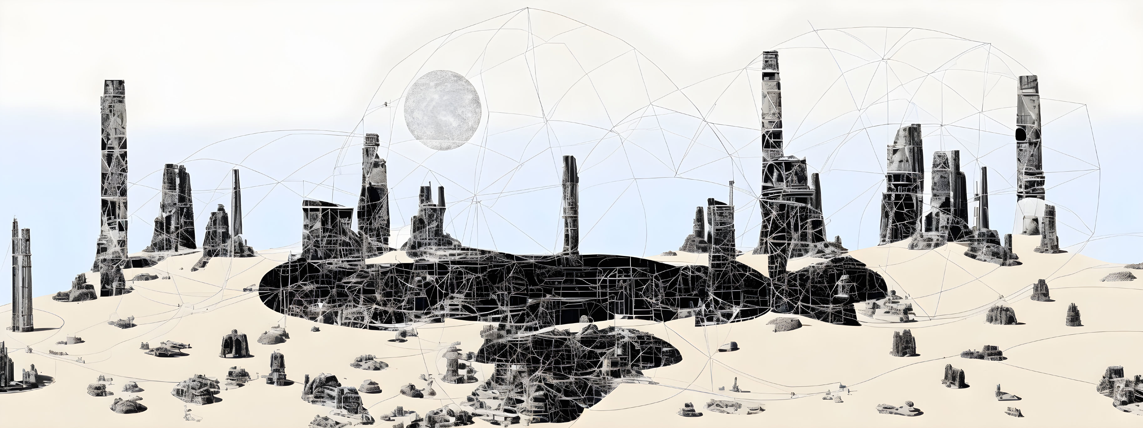 Futuristic cityscape with towering structures in a desert under a large moon