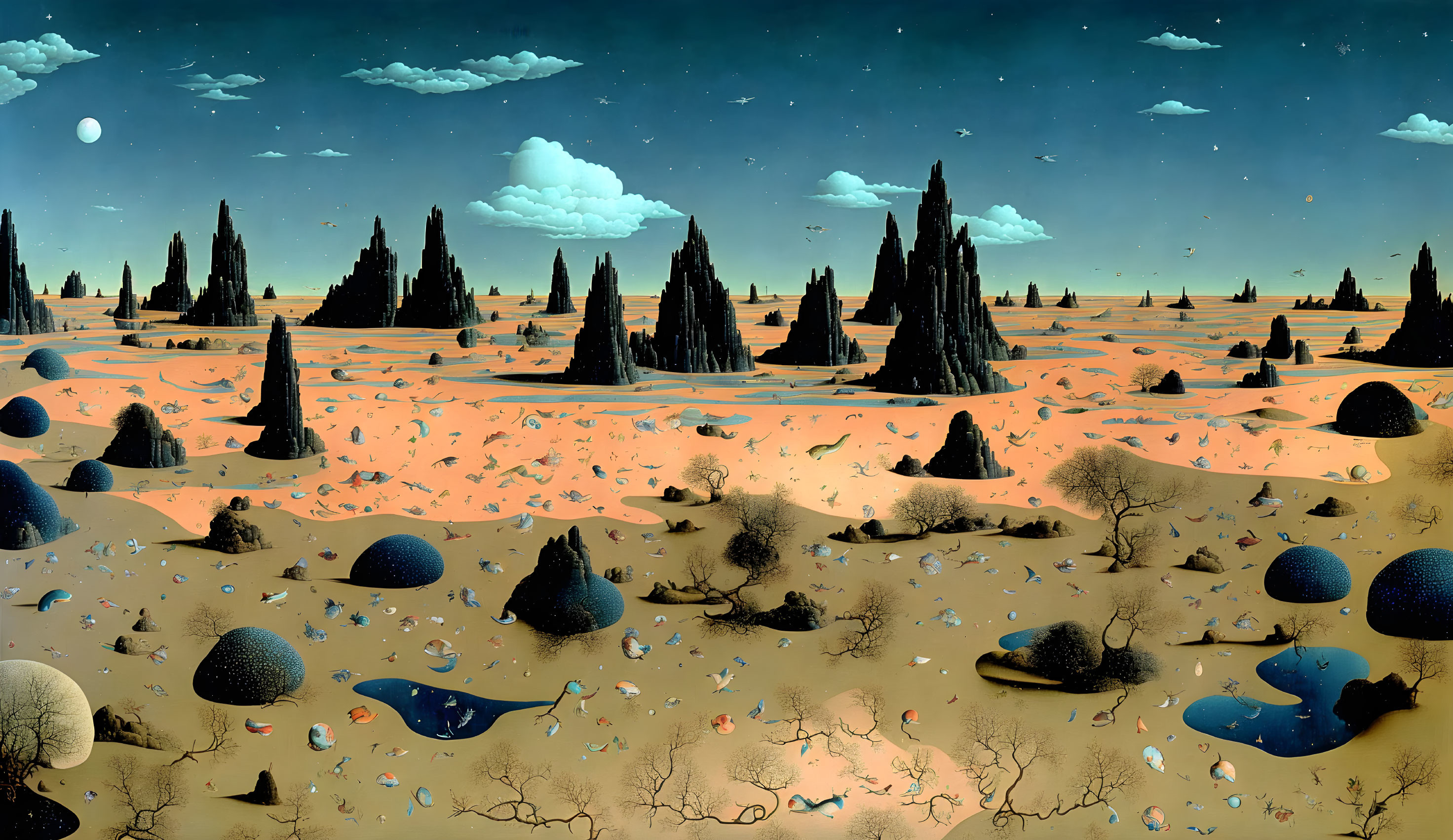 Surreal landscape with towering rock spires and blue orbs