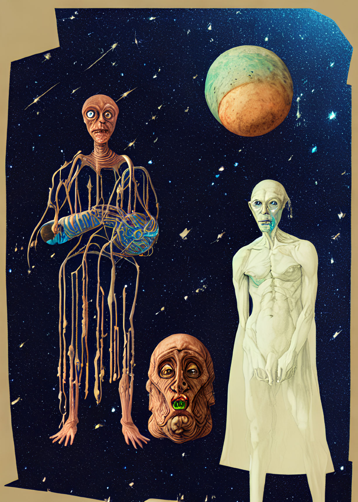 Elongated head alien beings illustration in cosmic setting