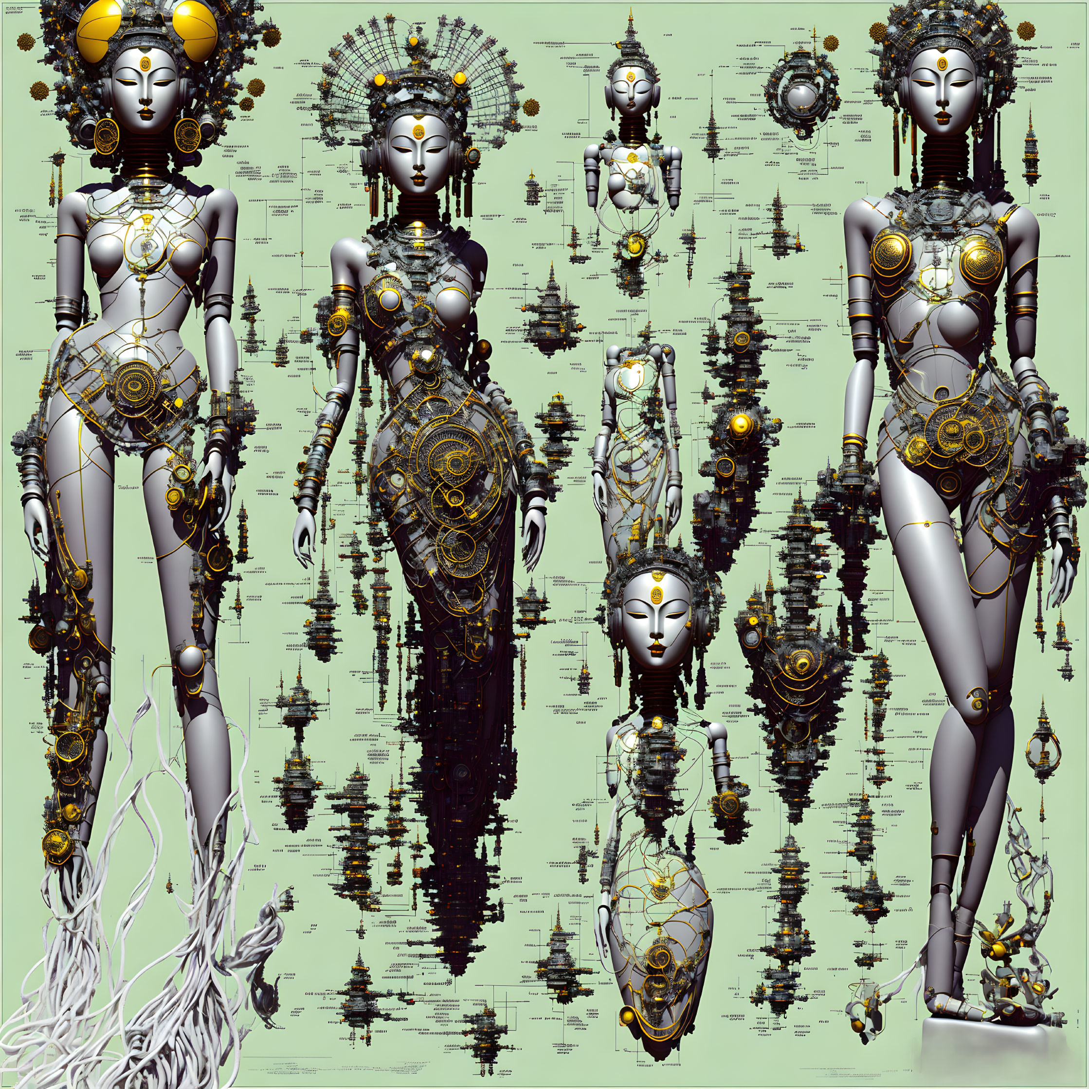 Futuristic female android illustrations with golden headpieces on green background