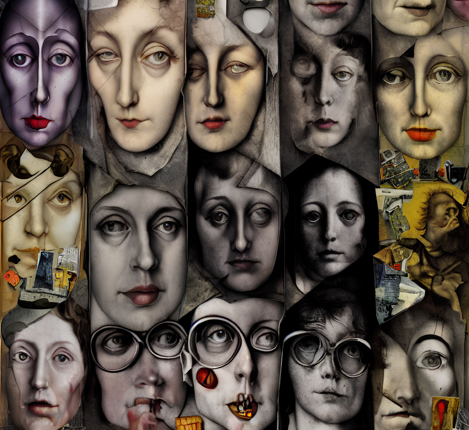 Surreal collage of artistic faces with varied expressions