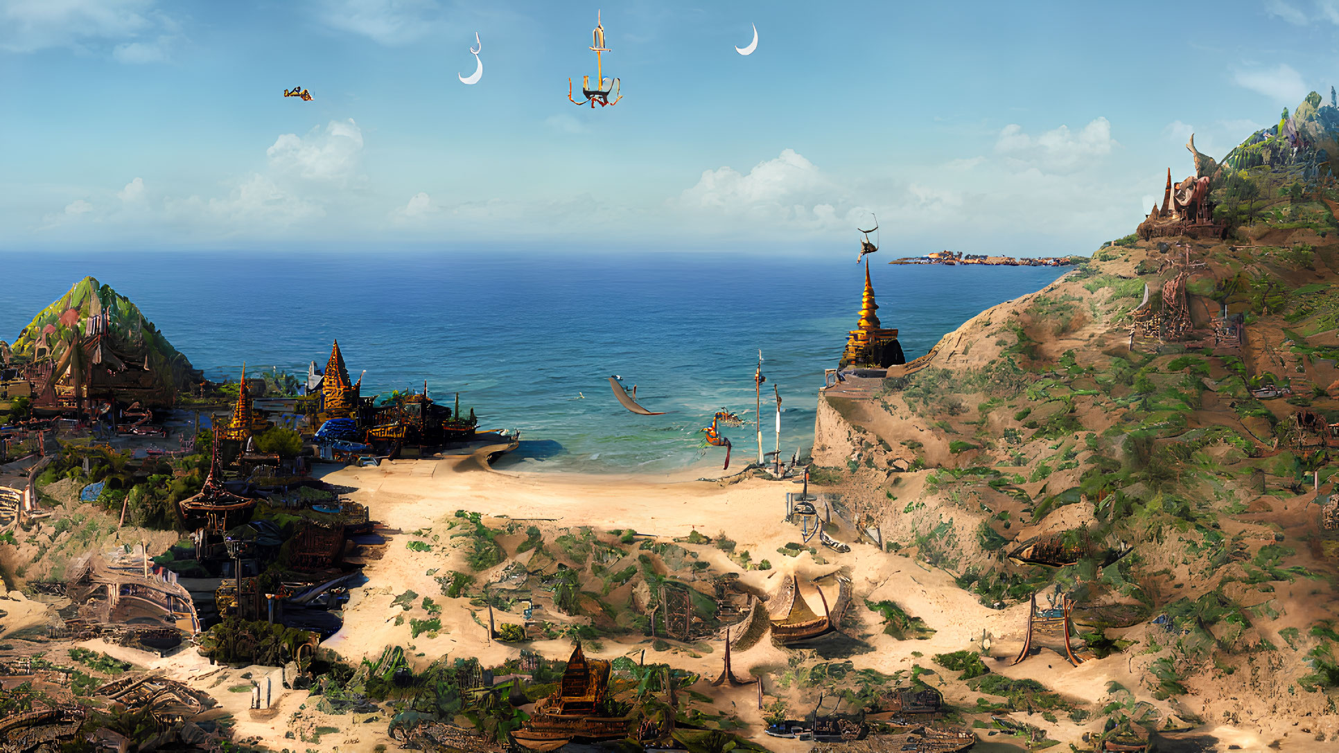 Fantastical coastal village with airships and blue ocean