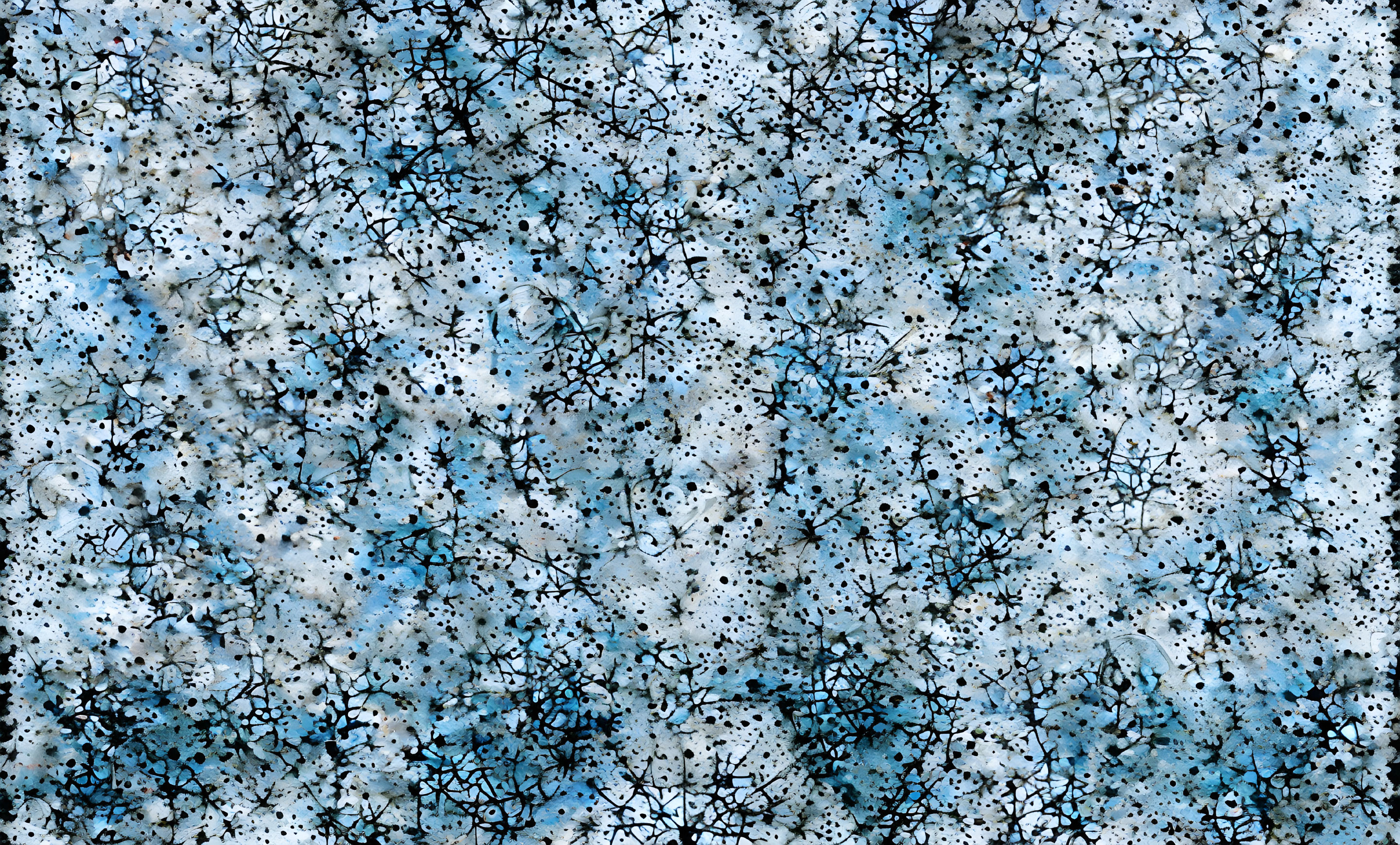 Abstract black splatters and lines on blue and white textured background.