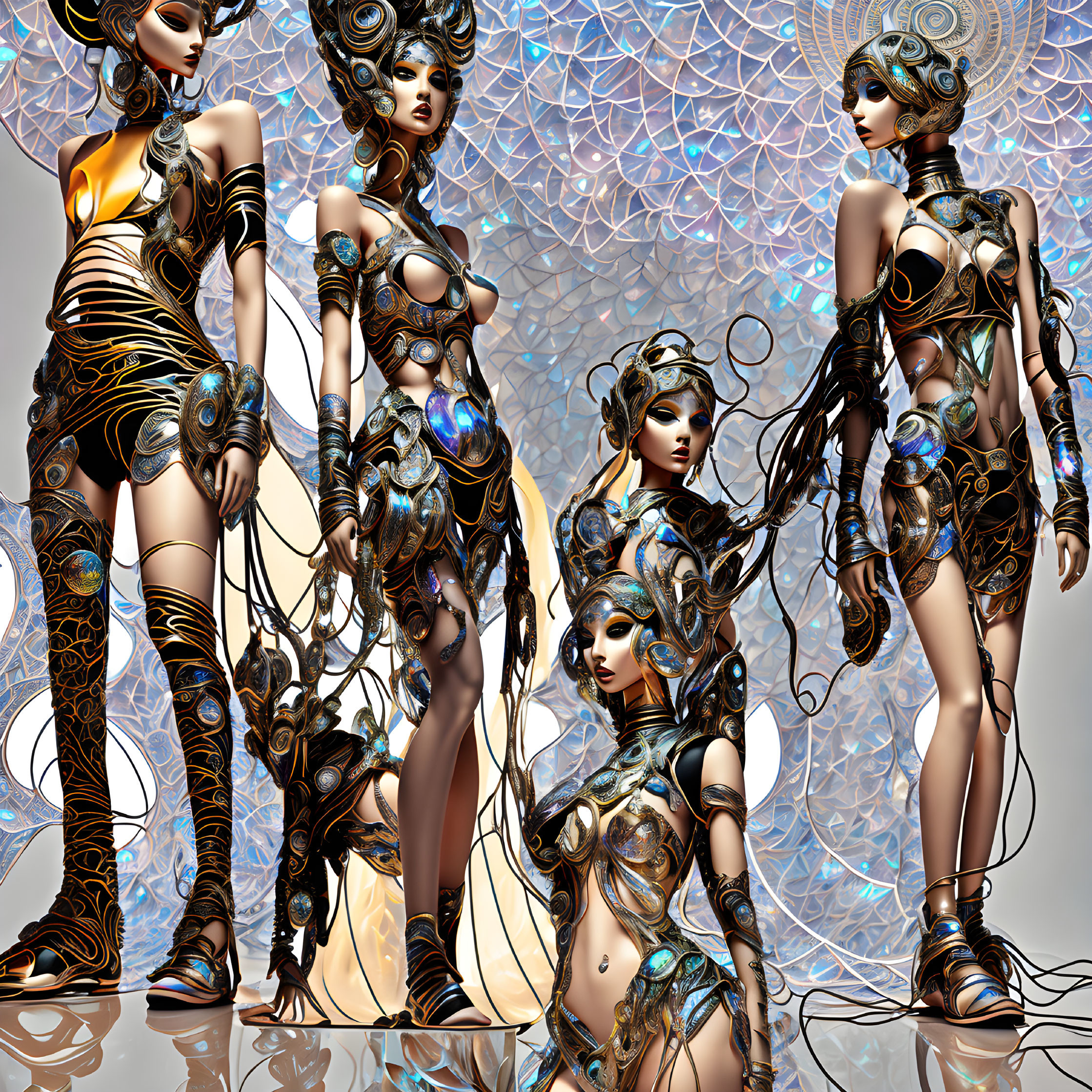 Five futuristic female figures with metallic cybernetic enhancements in abstract setting