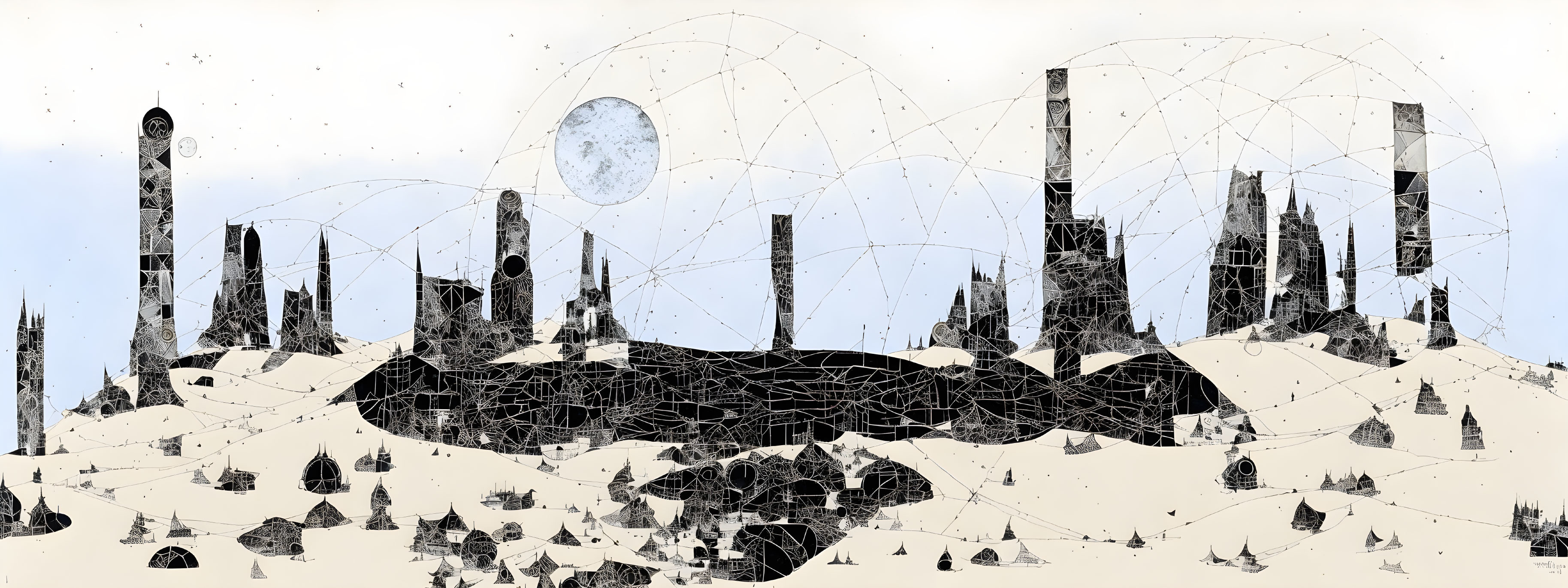 Monochromatic abstract landscape with ruins and geometric shapes under a large moon