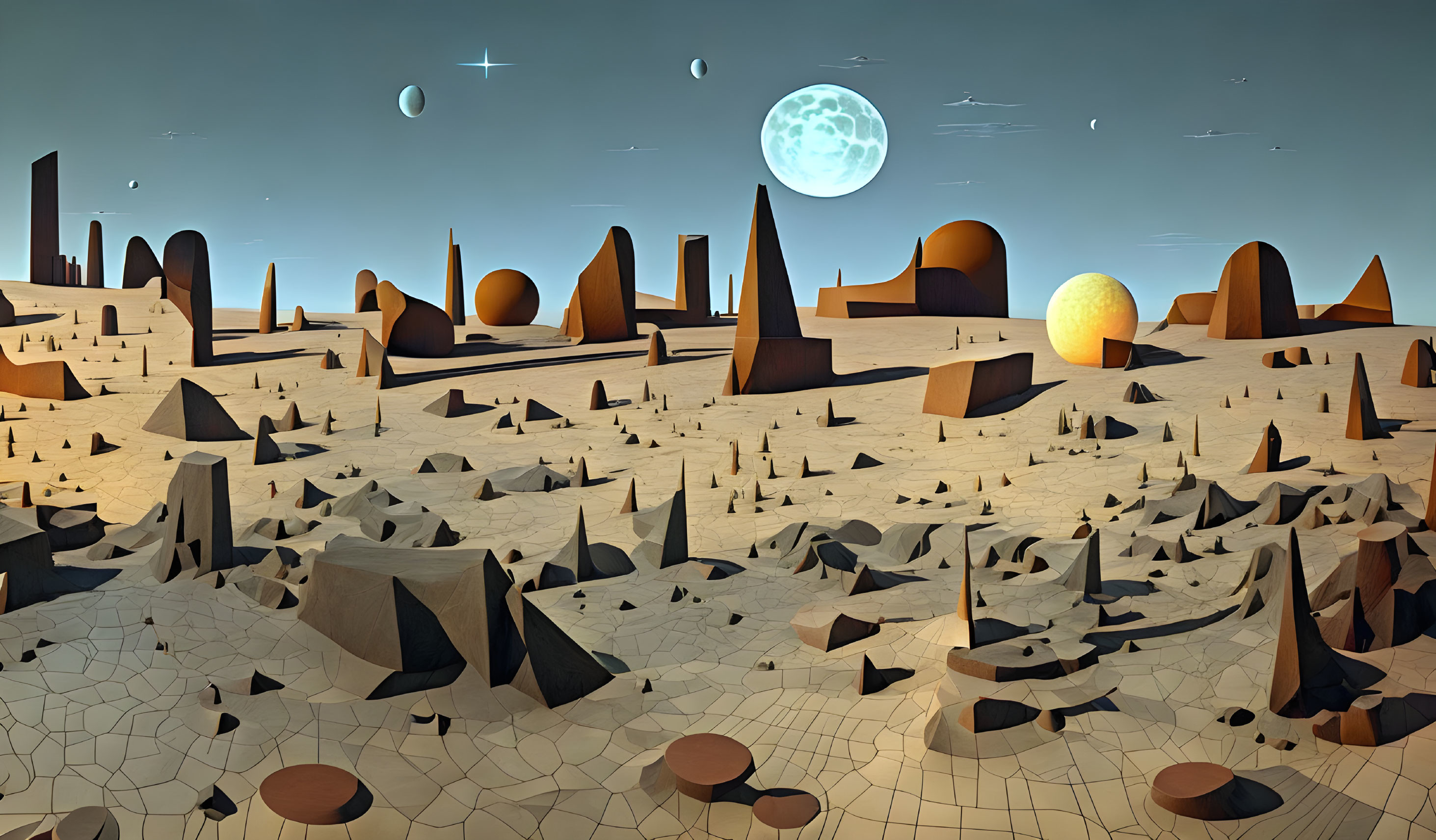 Surreal desert landscape with geometric shapes and two moons