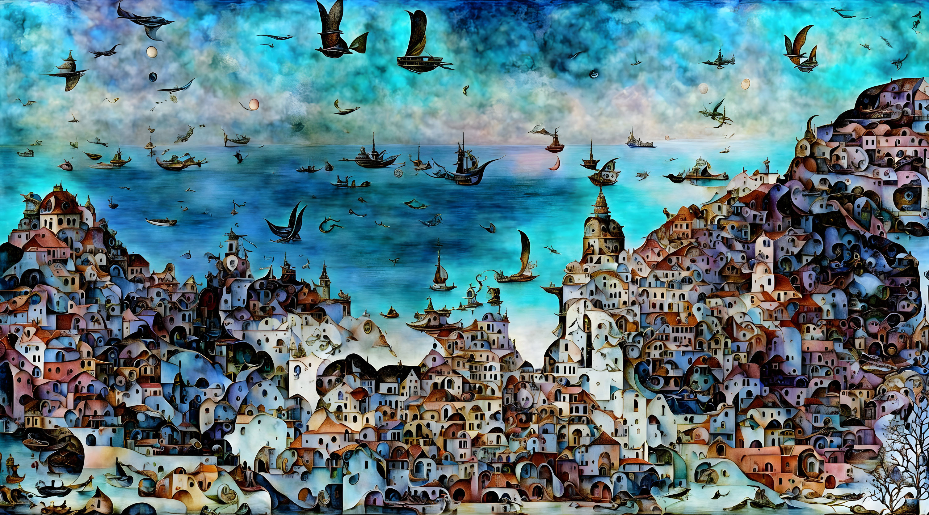 Vibrant painting of whimsical seaside town with ships under dynamic sky