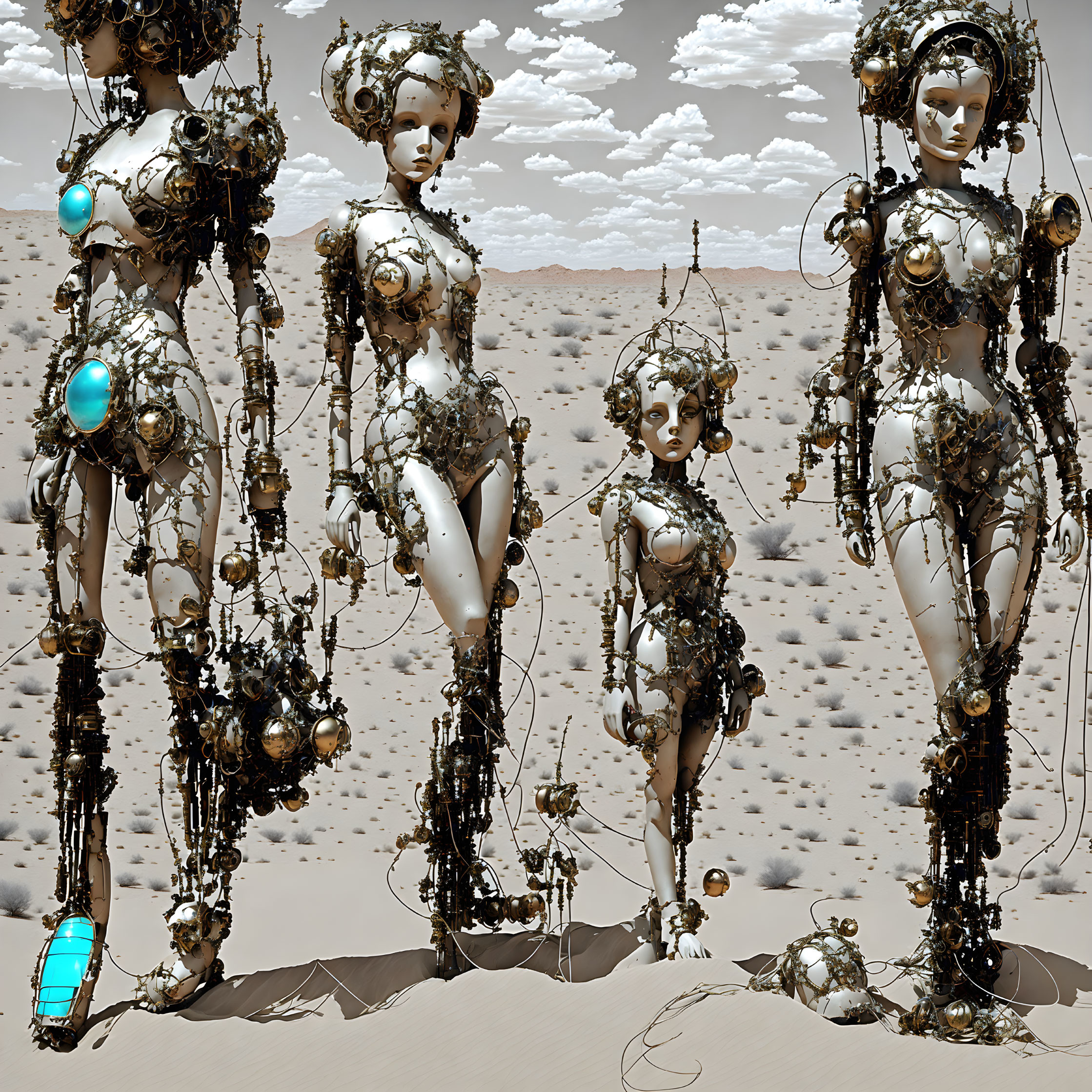 Three intricate futuristic humanoid robots in a desert landscape