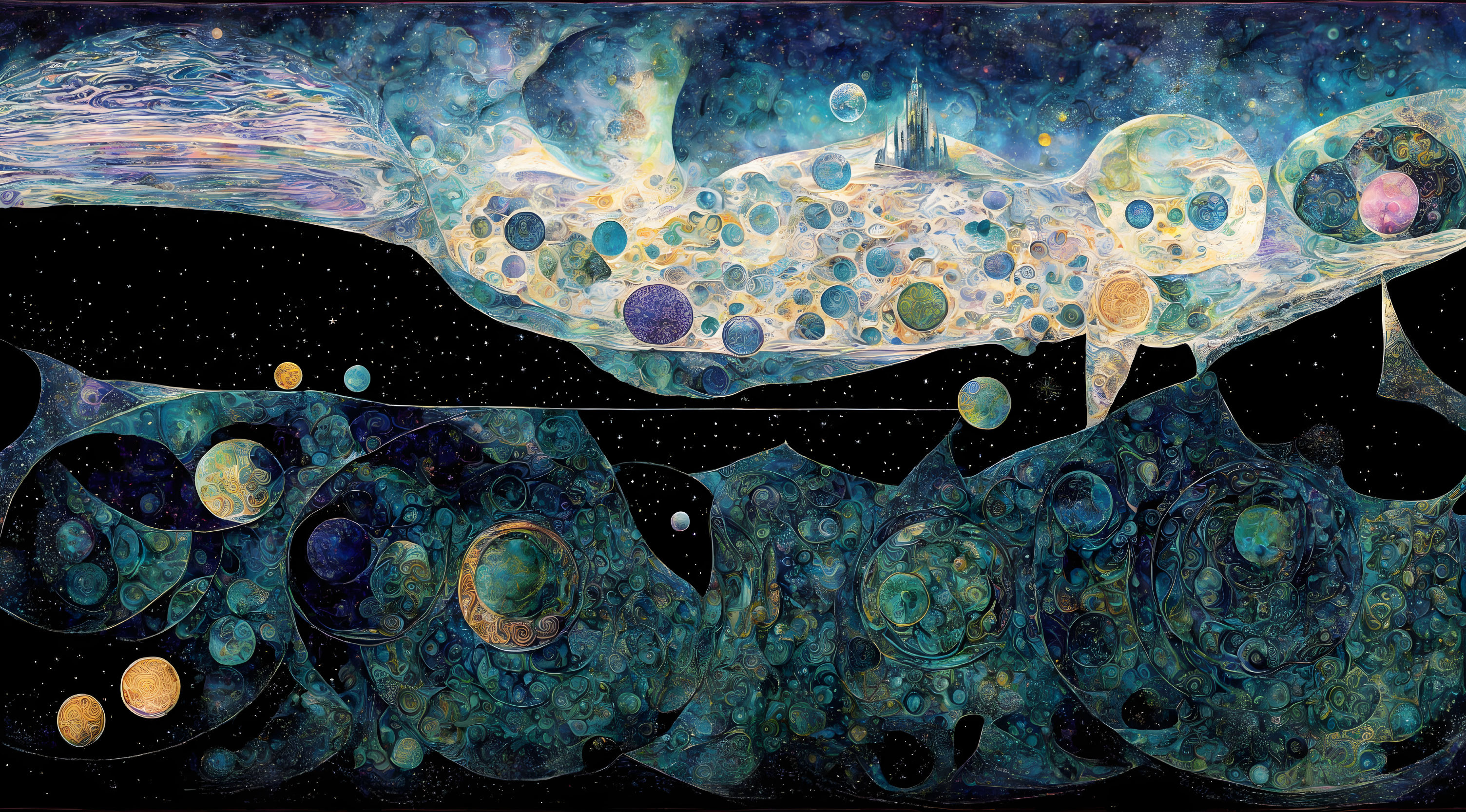 Vibrant cosmic landscape with celestial bodies and swirling patterns