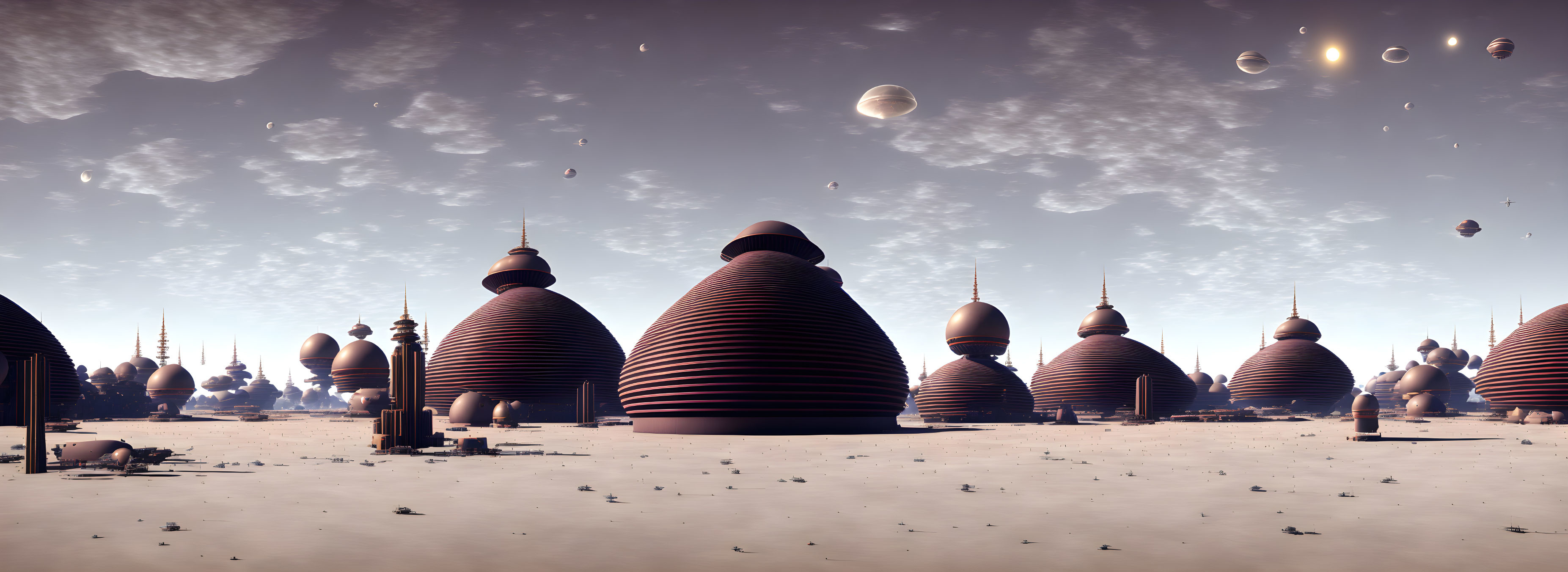 Futuristic landscape with round structures and floating orbs under multiple moons.