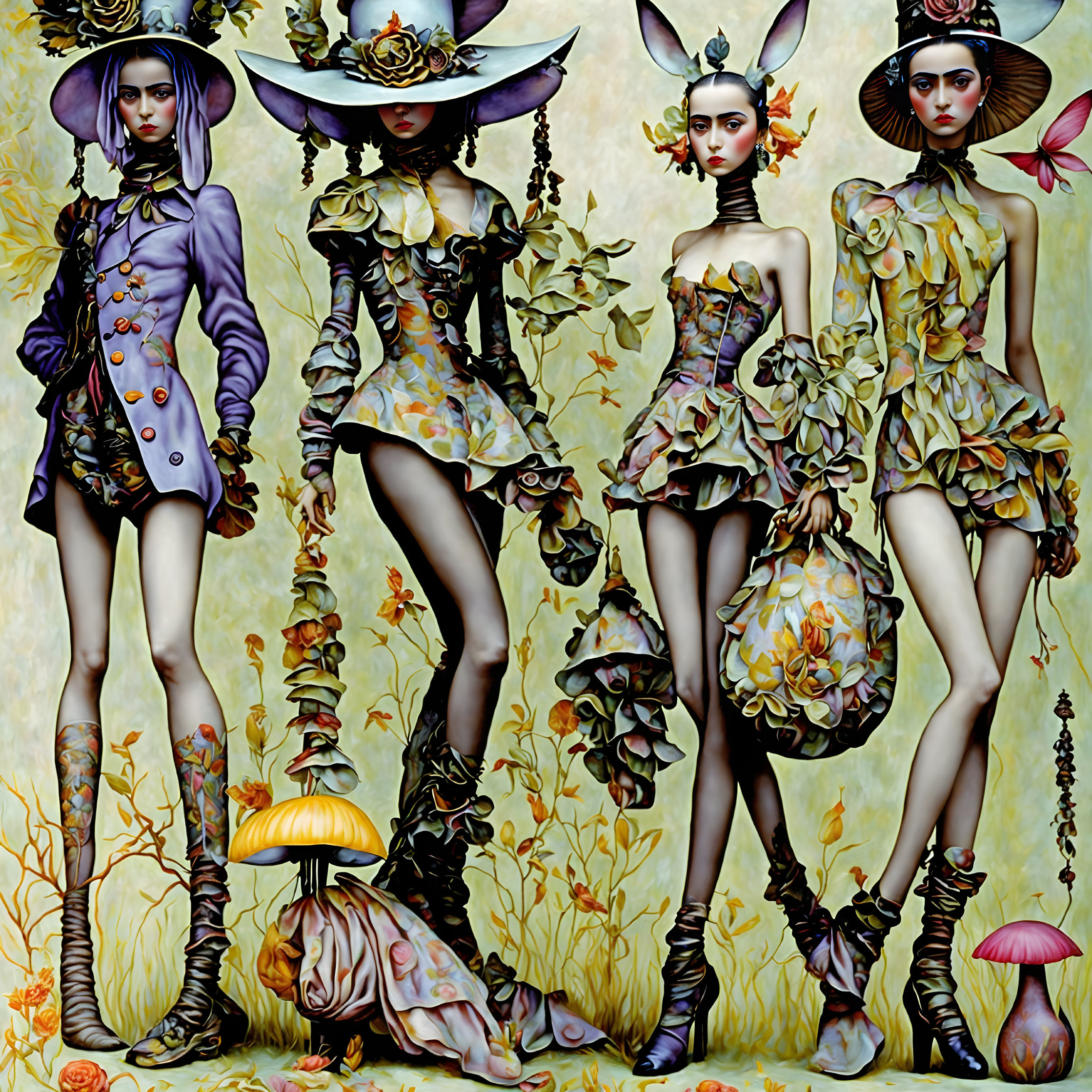 Stylized female figures in botanical-themed outfits with surreal backdrop