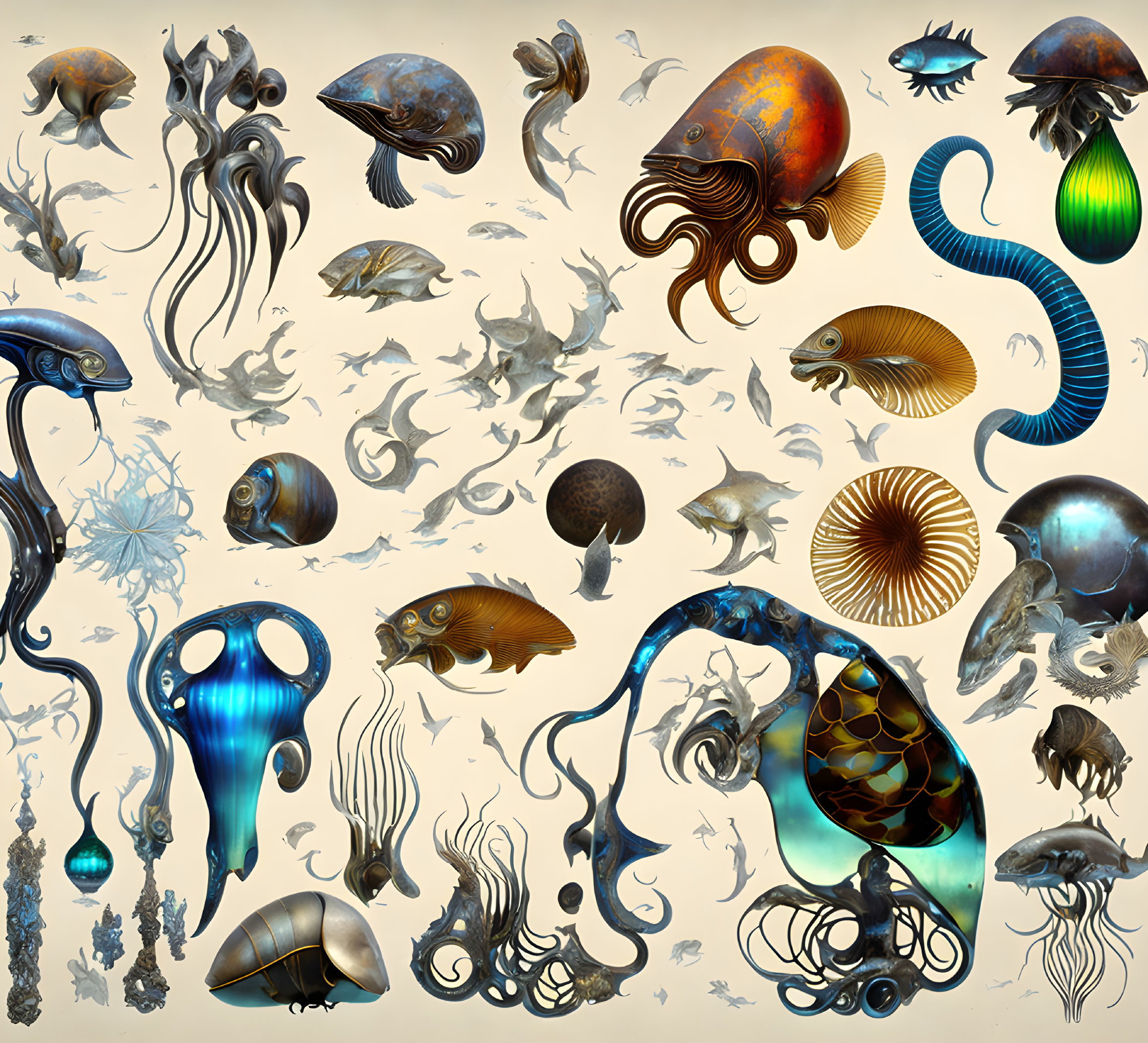 Stylized marine creatures: fish, jellyfish, cephalopods with intricate patterns