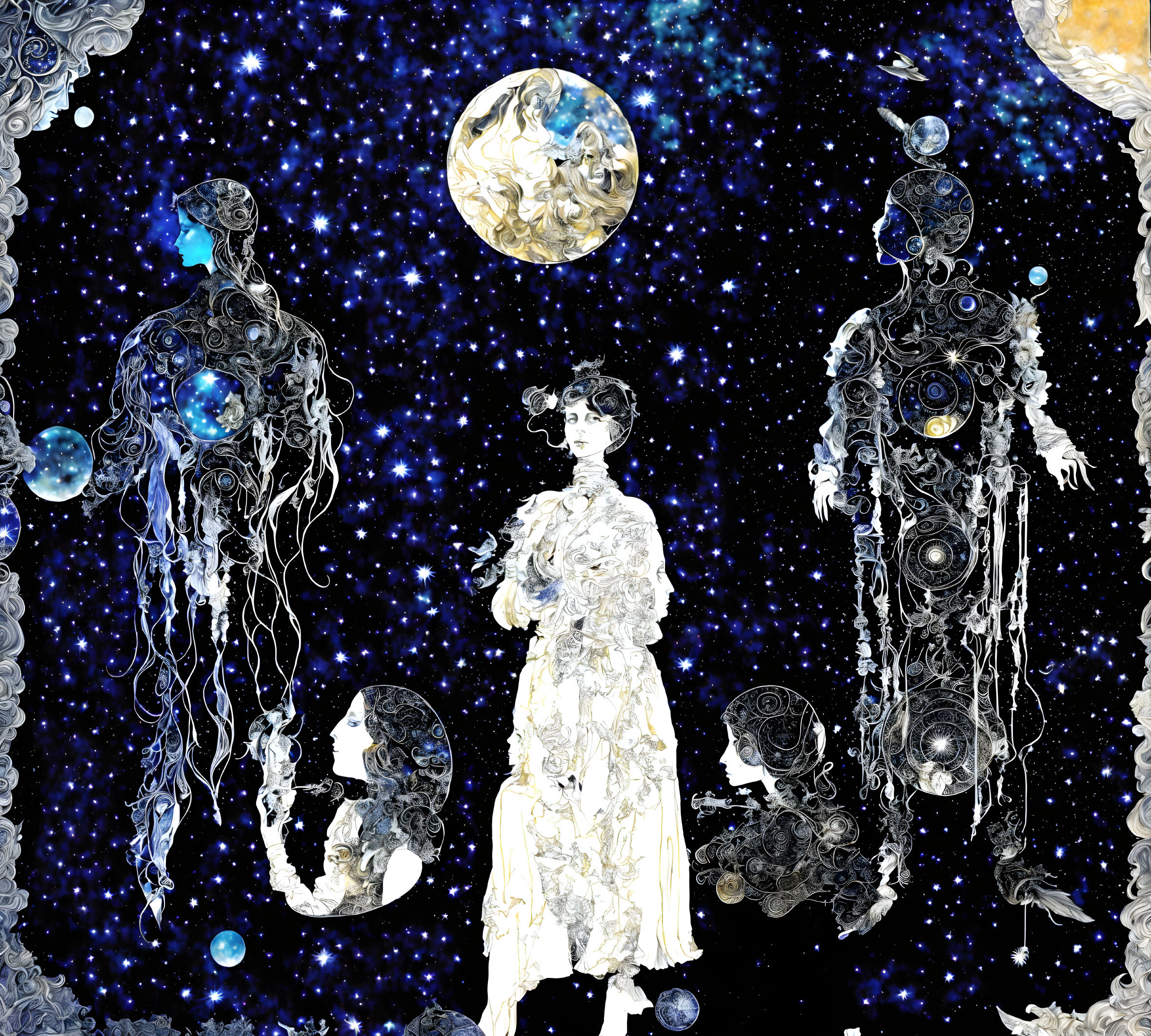 Surreal cosmic art: human figures blend with stars & planets