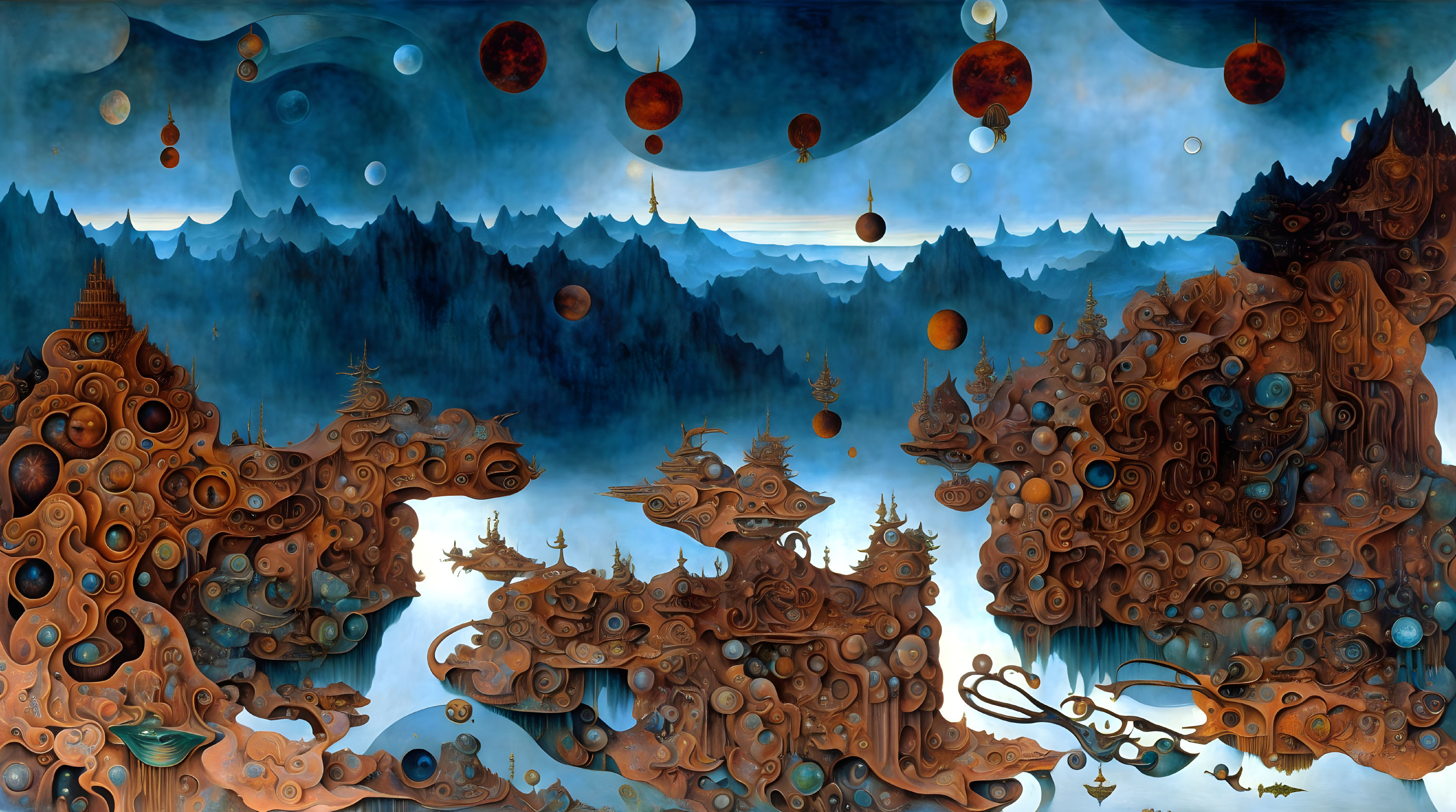 Surreal landscape with organic architecture and multiple moons in blue sky