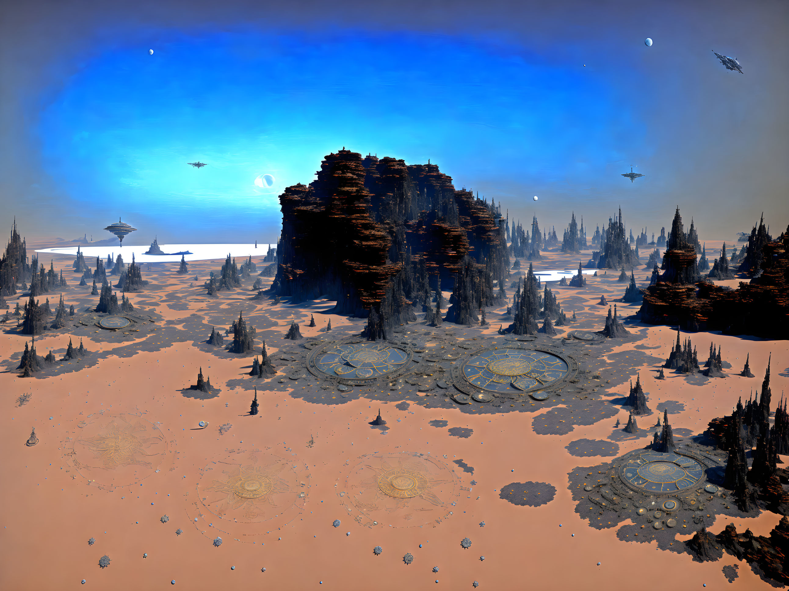 Barren alien landscape with rock formations, futuristic structures, and ships under blue sky with two moons.