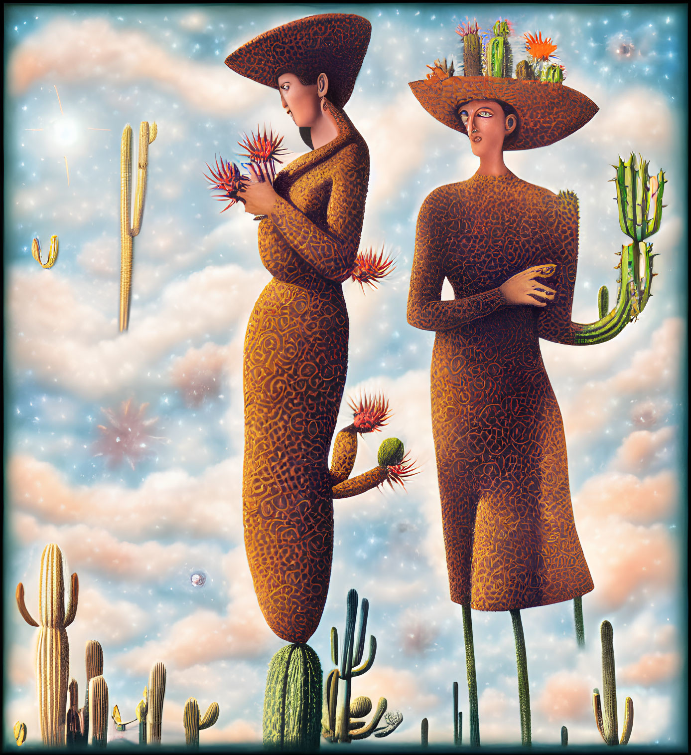 Stylized women with intricate patterns among cacti under celestial sky