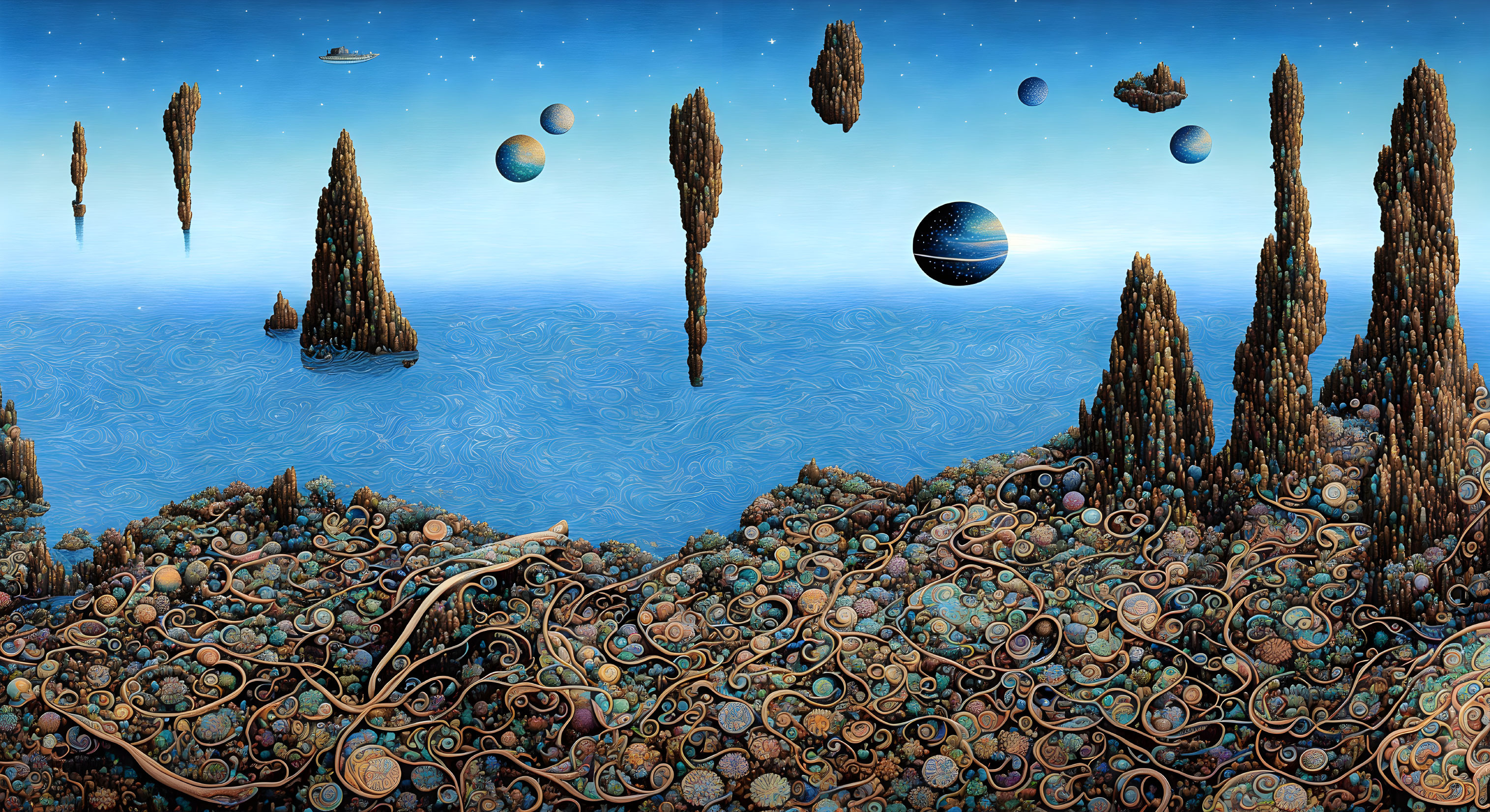 Surreal landscape with floating rock formations and space-themed sky