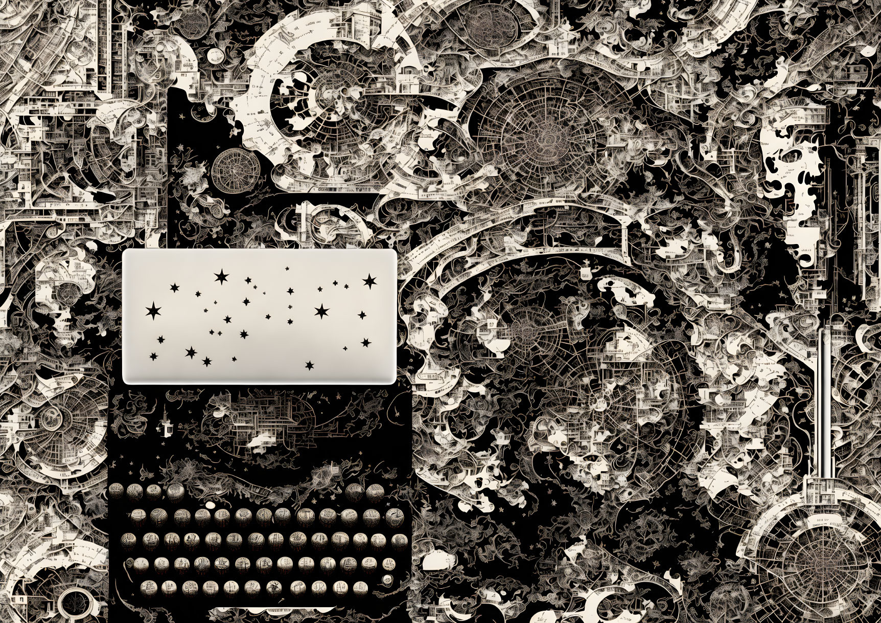 Monochrome image of vintage typewriter on intricate mechanical design pattern