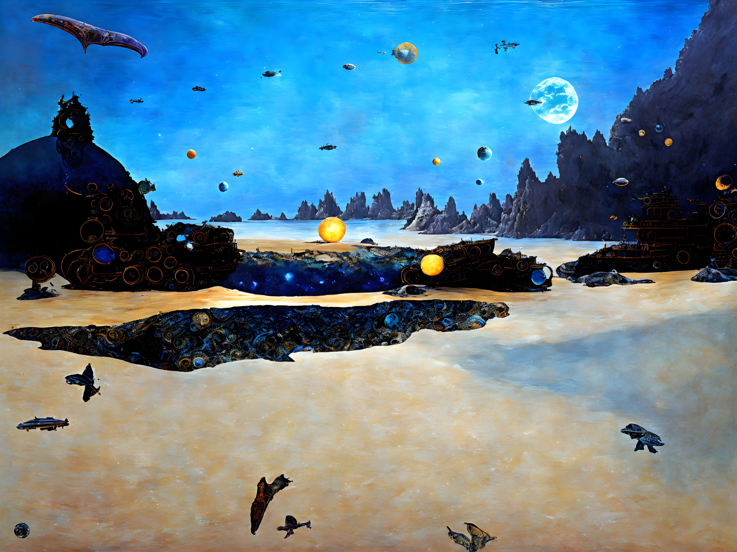 Surreal Moonlit Beachscape with Mechanical Debris and Sea Life