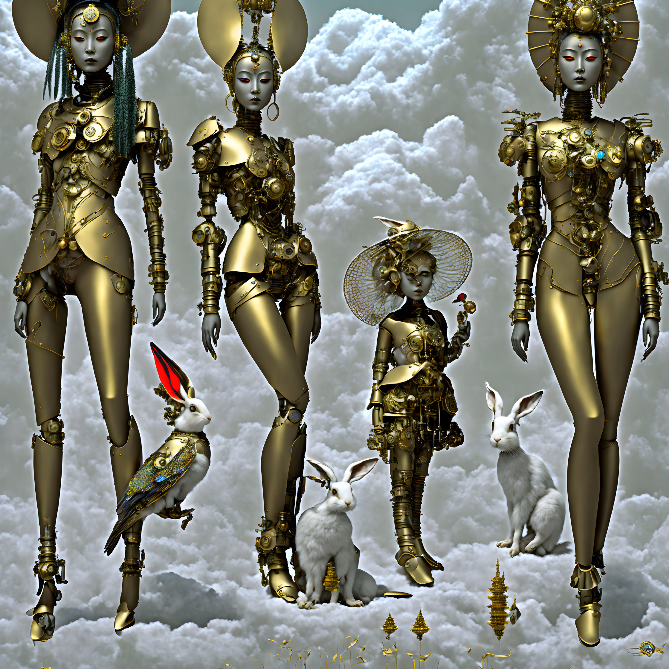 Golden robotic figures with rabbits and bird in clouds.