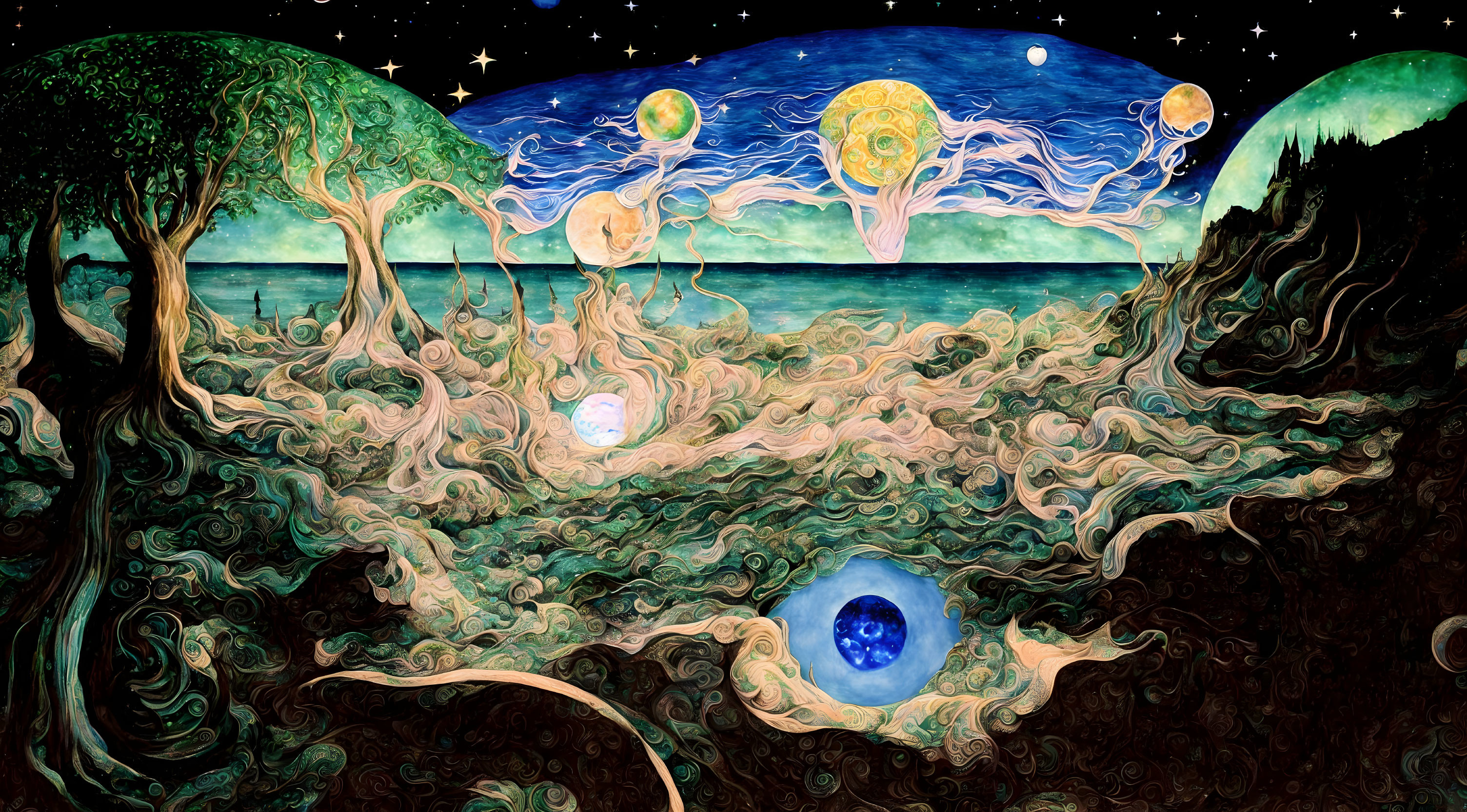 Fantastical landscape with swirling trees merging with starry sky