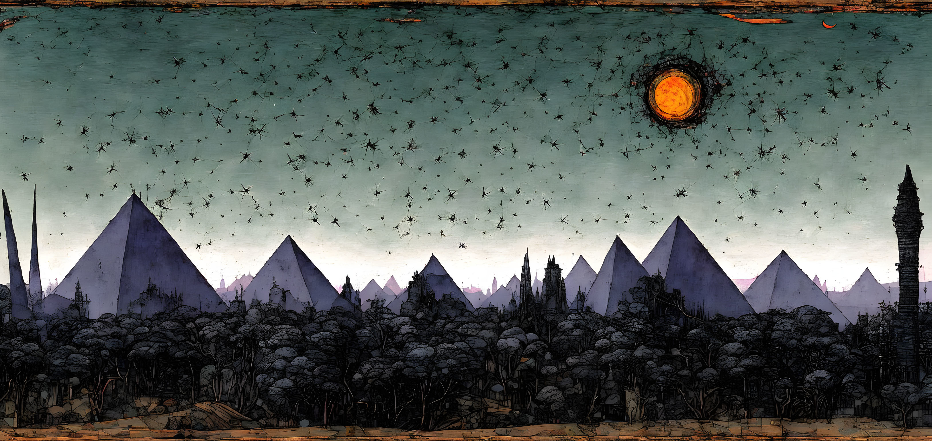 Surreal landscape with pyramids, tower, sun, and creatures in silhouette