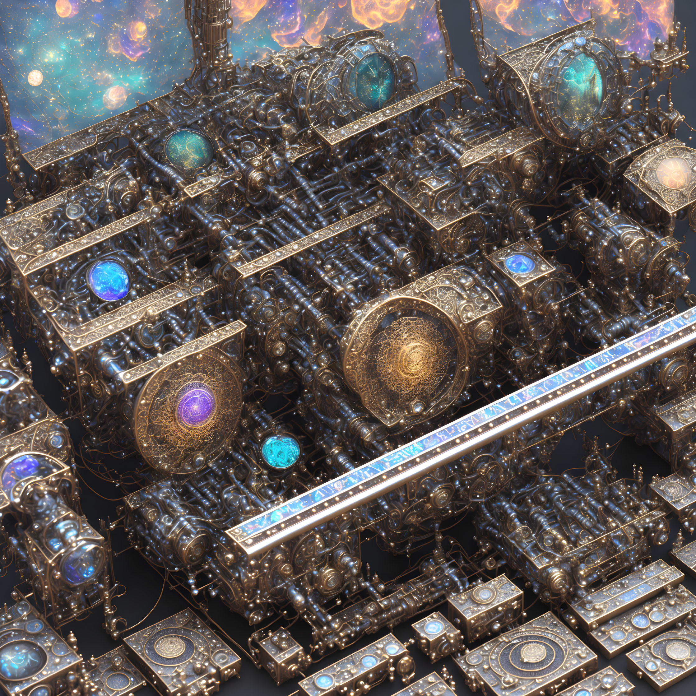 Fractal cityscape with metallic structures and cosmic orbs in starry sky