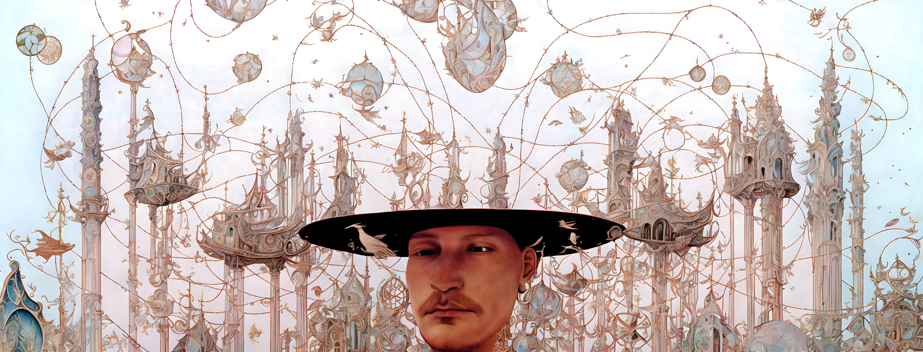 Surreal image of person's face with wide-brimmed hat and fantastical backdrop