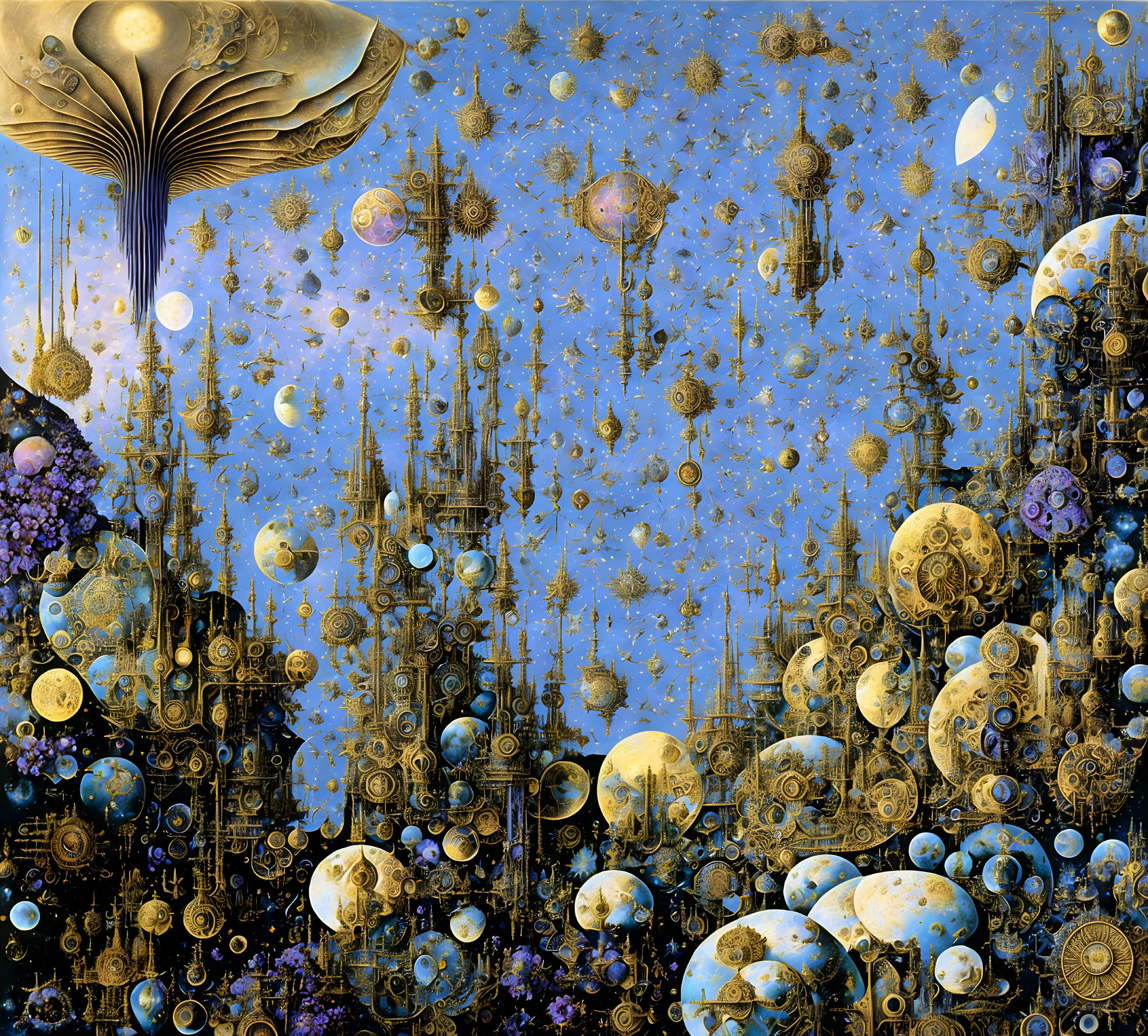 Surreal golden structures with celestial orbs on blue backdrop