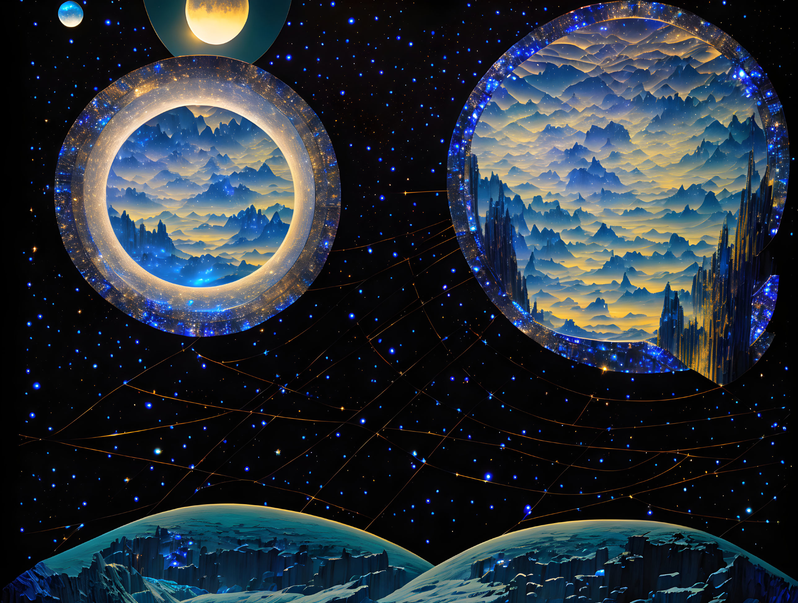 Fantastical cosmic landscape with multiple circular portals showing surreal terrains.