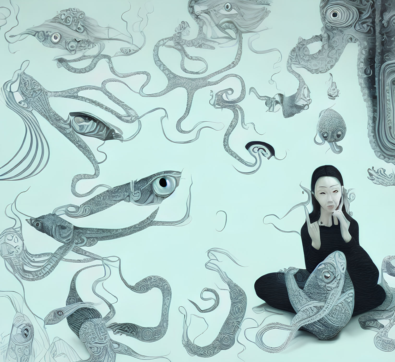 Person surrounded by whimsical fish and smoke-like patterns in surreal aqua-toned space