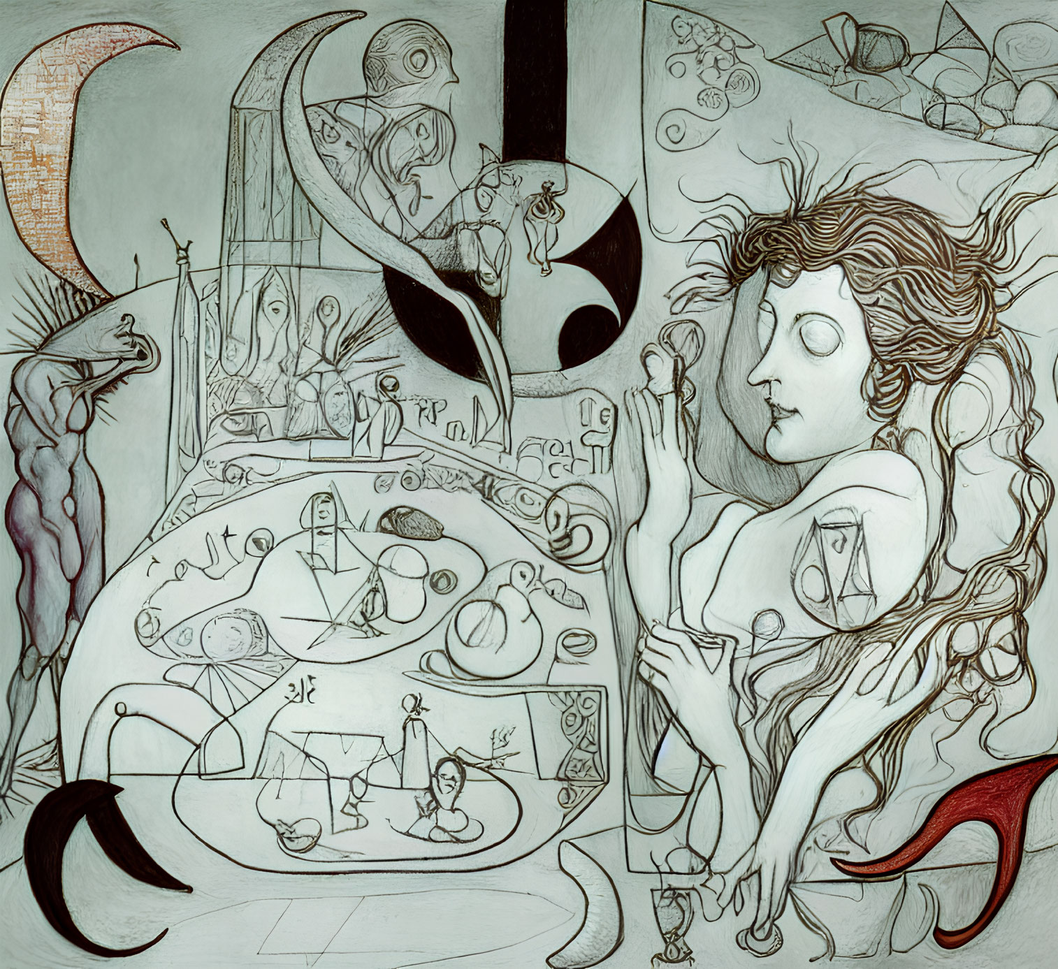 Detailed Drawing of Dreaming Woman with Surreal Elements