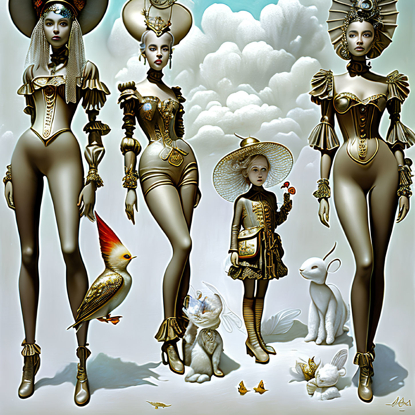 Four stylized women in avant-garde gold outfits with child, animals, and butterflies on surreal cloud