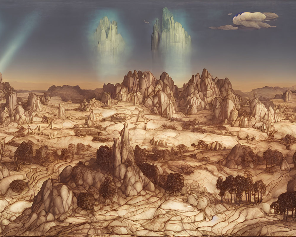 Alien landscape with rugged rocks, sparse trees, and ethereal light beams