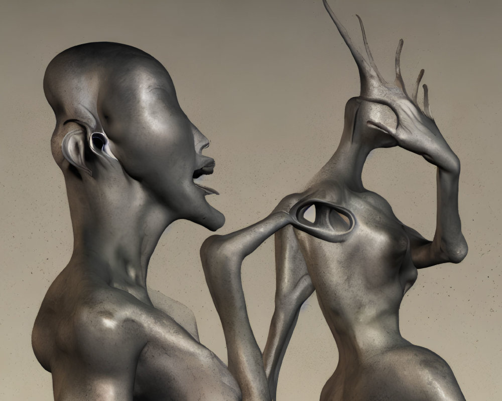 Surreal humanoid figures with metallic skin and abstract features