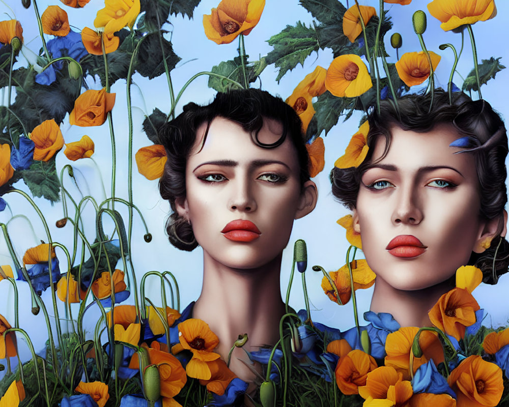 Twin female figures in digital art surrounded by blue and yellow flowers