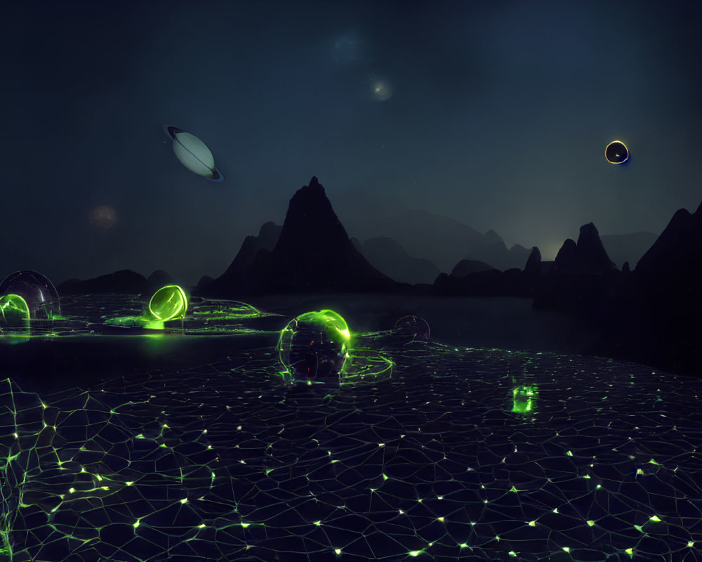 Surreal digital landscape: neon gridlines, glowing shapes, planets, dark sky.