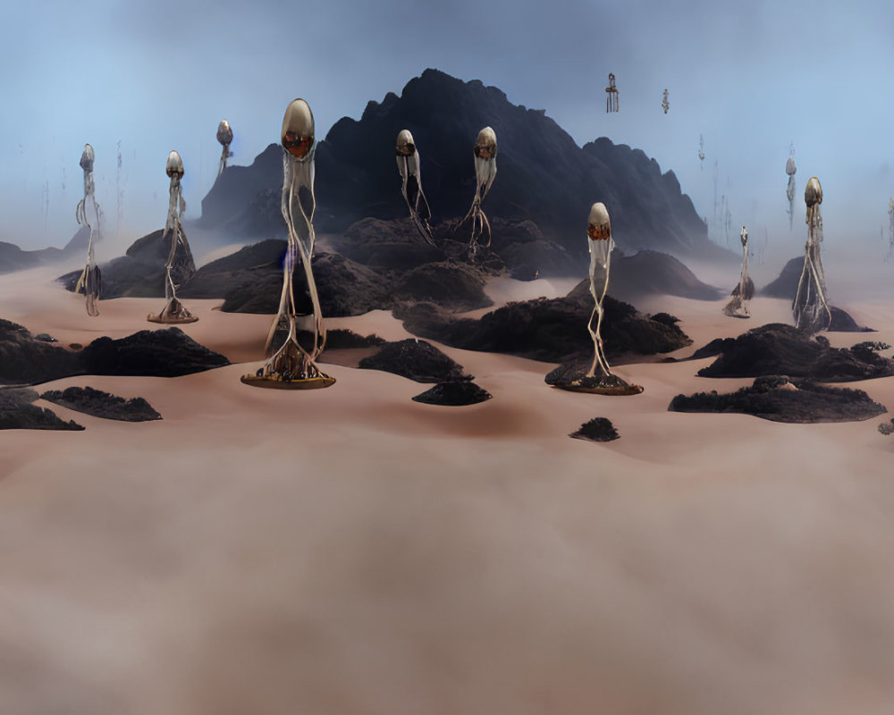 Mysterious surreal landscape with mist-covered dunes and alien tripod entities