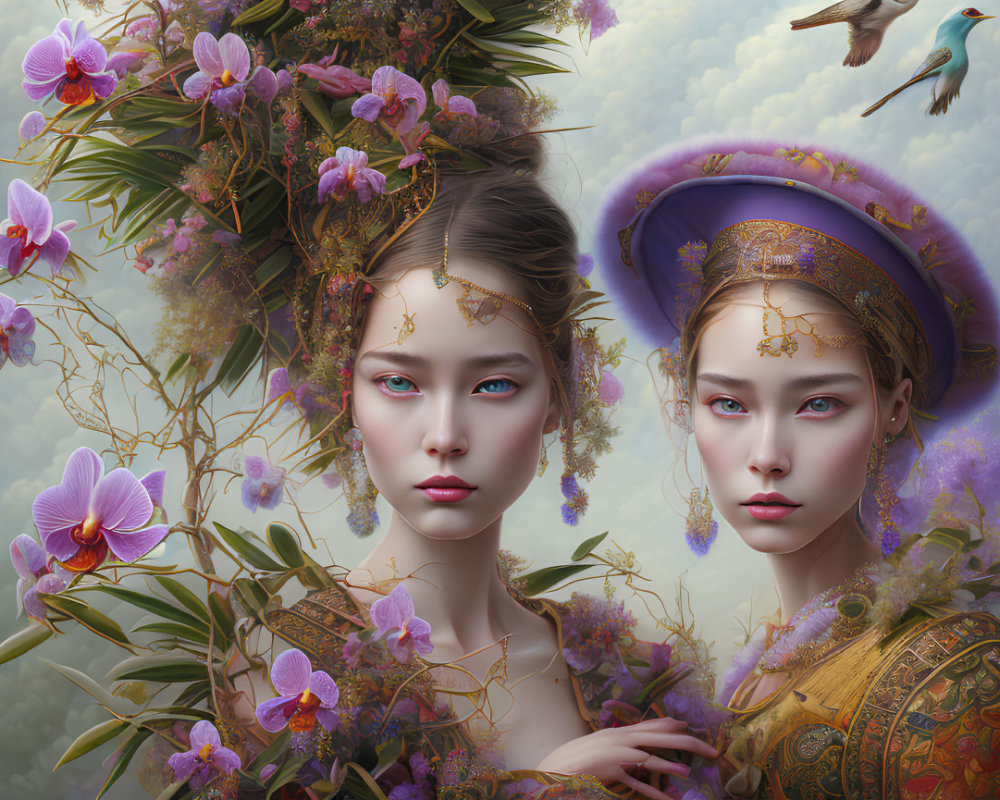 Women with floral headpieces and jewelry among orchids with colorful bird.