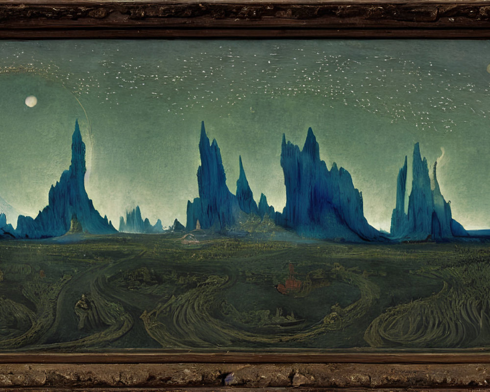 Ethereal night landscape painting with blue spires and starry sky