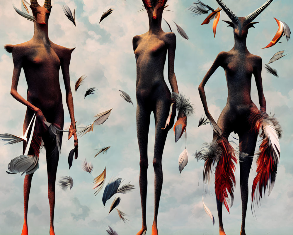 Stylized anthropomorphic figures with long necks and horn-like extensions against cloudy sky