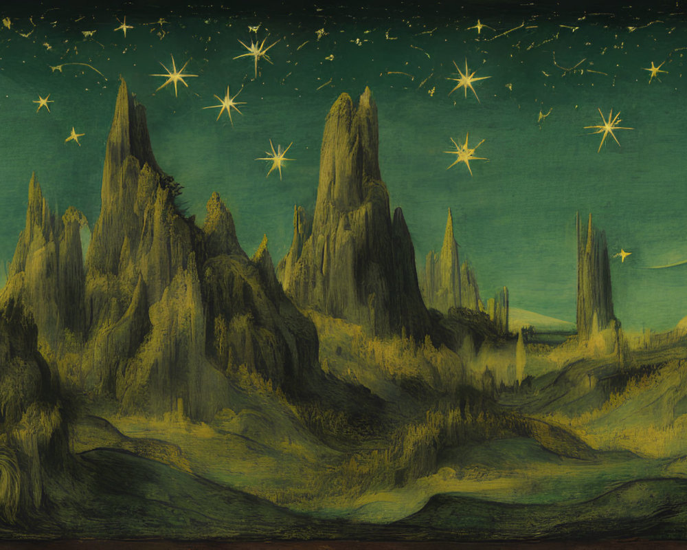 Fantastical landscape painting of spire-like mountains under a starry sky