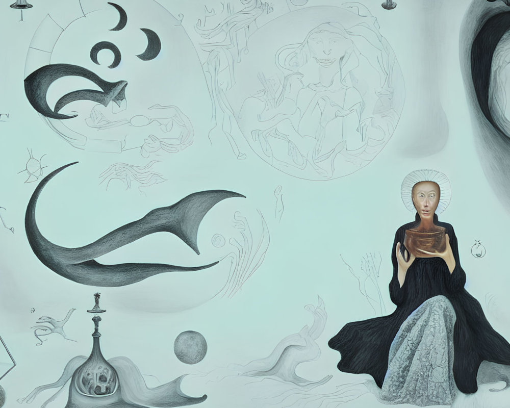 Surreal painting of central figure in black dress with celestial elements