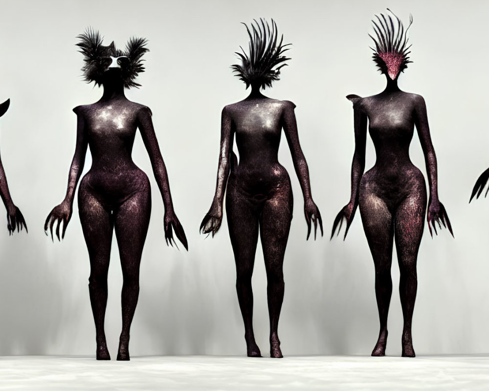 Seven humanoid figures with textured skins and feathered headdresses in a row