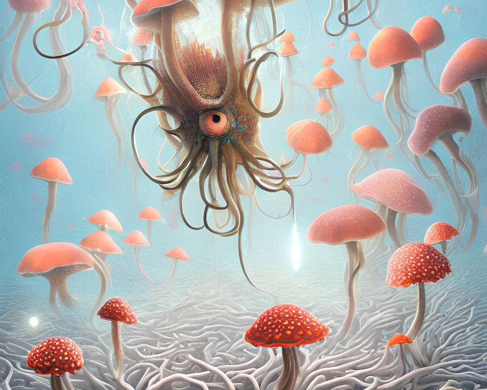 Vibrant underwater scene with giant jellyfish and floating mushrooms