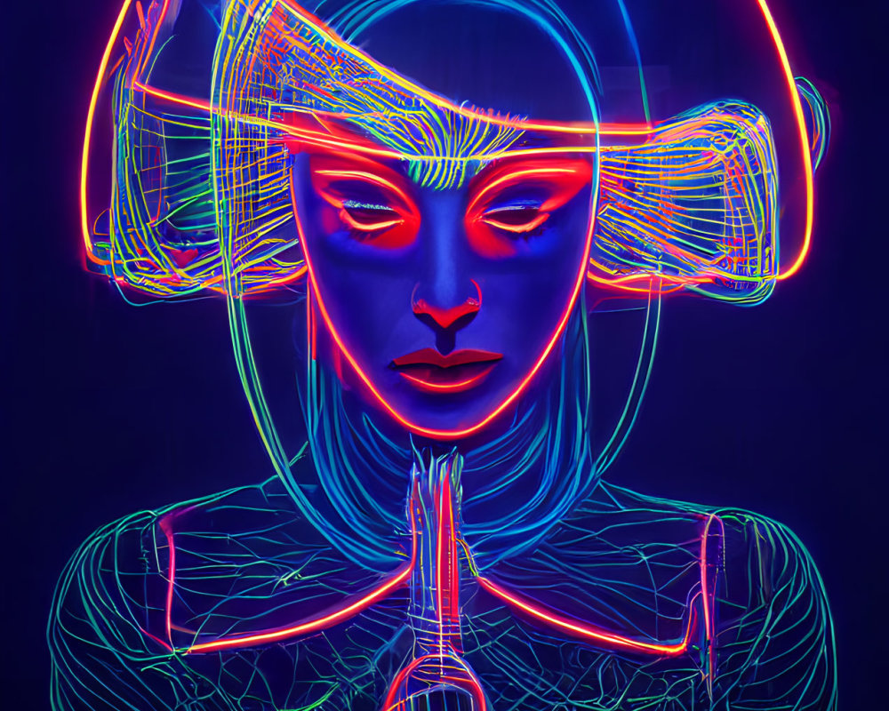 Digital artwork: Neon-lit female figure with glowing lines on dark background