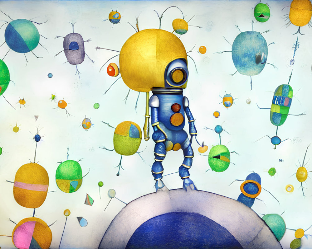 Colorful Astronaut Illustration with Yellow Helmet and Abstract Planets