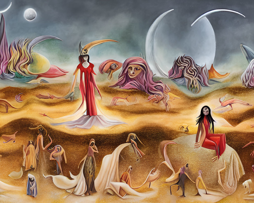 Colorful surreal desert scene with anthropomorphic flames, hands, figures, and multiple moon phases.