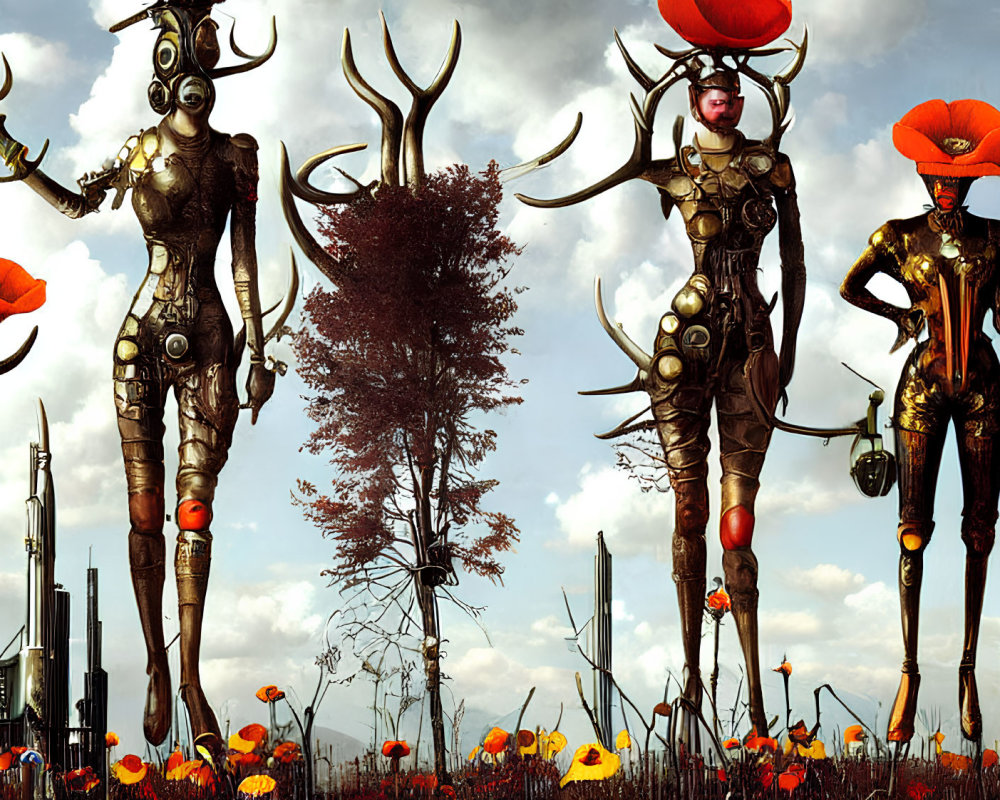 Futuristic humanoid figures with antler-like headgear in poppy field under dramatic sky